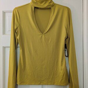 GUESS chartreuse mock-neck long-sleeved blouse with keyhole cutout S BNWoT
